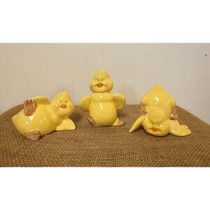 Set Of 3 Ceramic Yellow Duck Figurines In Various Poses